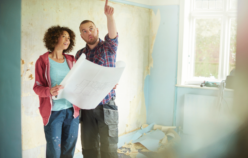 P&A Construction designer and contractor discussing the plans for a new room addition in a Memphis area home