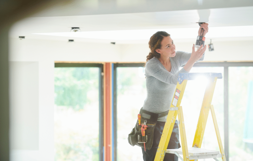 general contractor wiring the new room addition ceiling lighting on a ladder