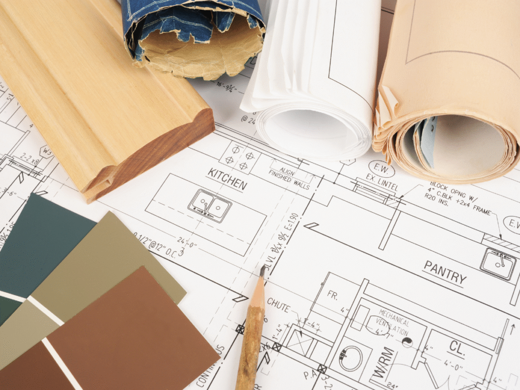 P&A Construction designer plans for a custom kitchen remodel upgrade with paint swatches, and molding samples