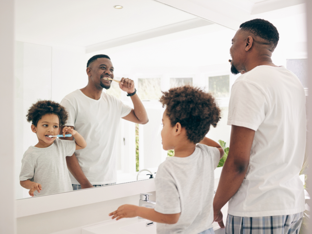 Tennessee family getting ready in their new bathroom built by P&A Construction in Bartlett
