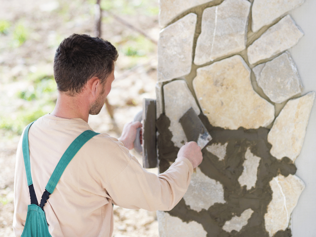 masonry stone work for an outdoor kitchen space being grouted by P&A Construction